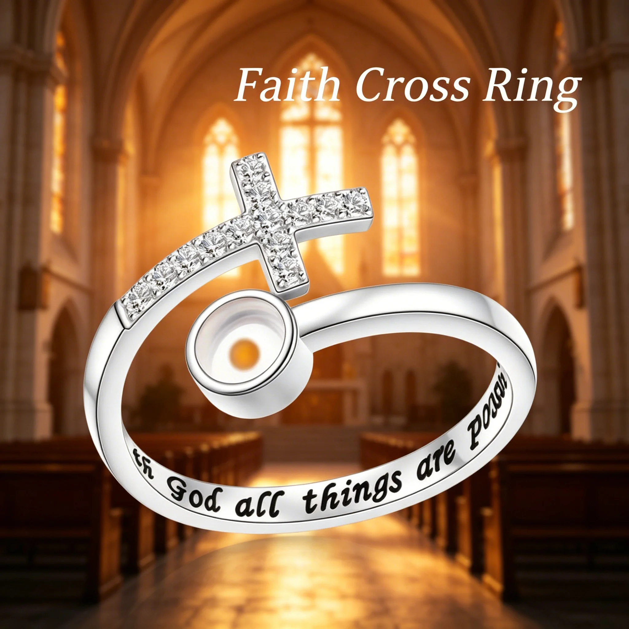 Christian Cross Adjustable Ring Silver Tone Inspirational Engraving 