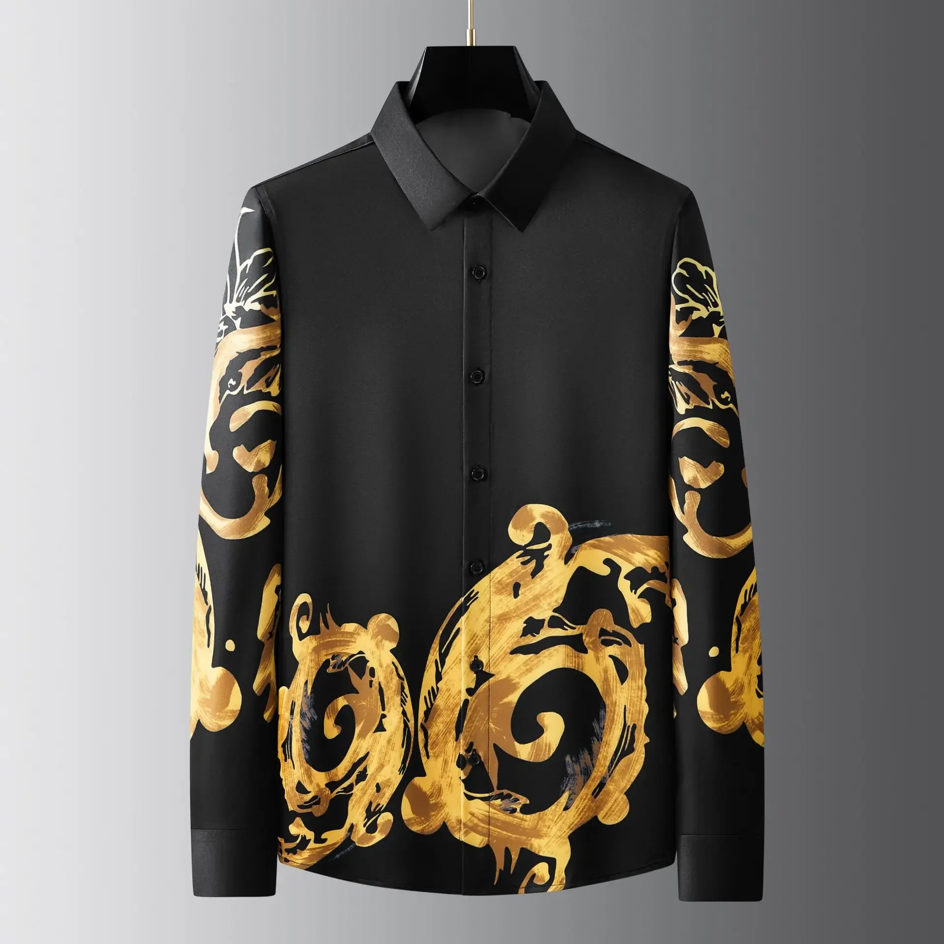 Autumn Luxury Printed Men\'s Shirt Long Sleeve Casual Business Formal Shirts Retro Social Banquet Party Blouse Stage Performance