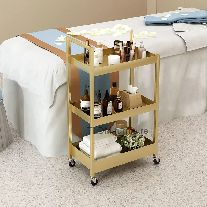 Home Salon Furniture Golden Iron Art Salon Trolleys Light Luxury Beauty Salon Tool Trolley with Wheels Minimalist Storage Rack A