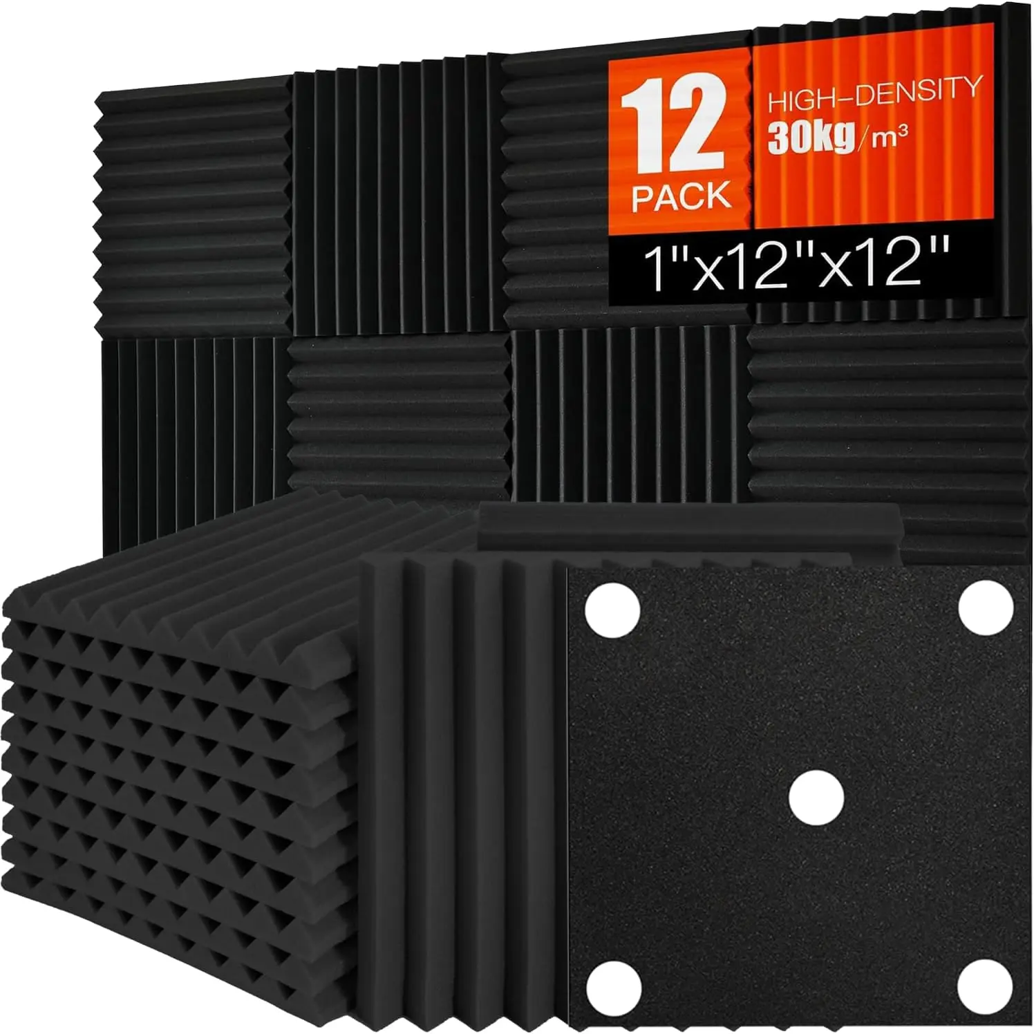 

Acoustic Foam Panels 12 Pack - 1" X 12"X 12" Sound Absorbing Noise Reducing for Studio Office Home Walls Black Wedge