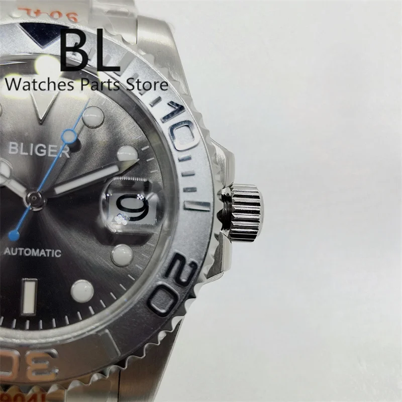 BLIGER 40mm NH35 Watch For Men Silver Insert Sunburst Gray Dial Blue Second Hand Sapphire Glass Steel Bracelet Waterproof Date