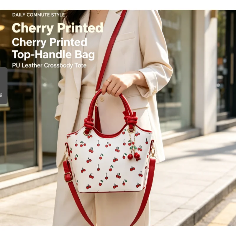 PU Leather Bucket Cherry Printed Crossbody Bag for Women Trendy Top-handle Bag Stylish Small Tote Handbag with Adjustable Strap