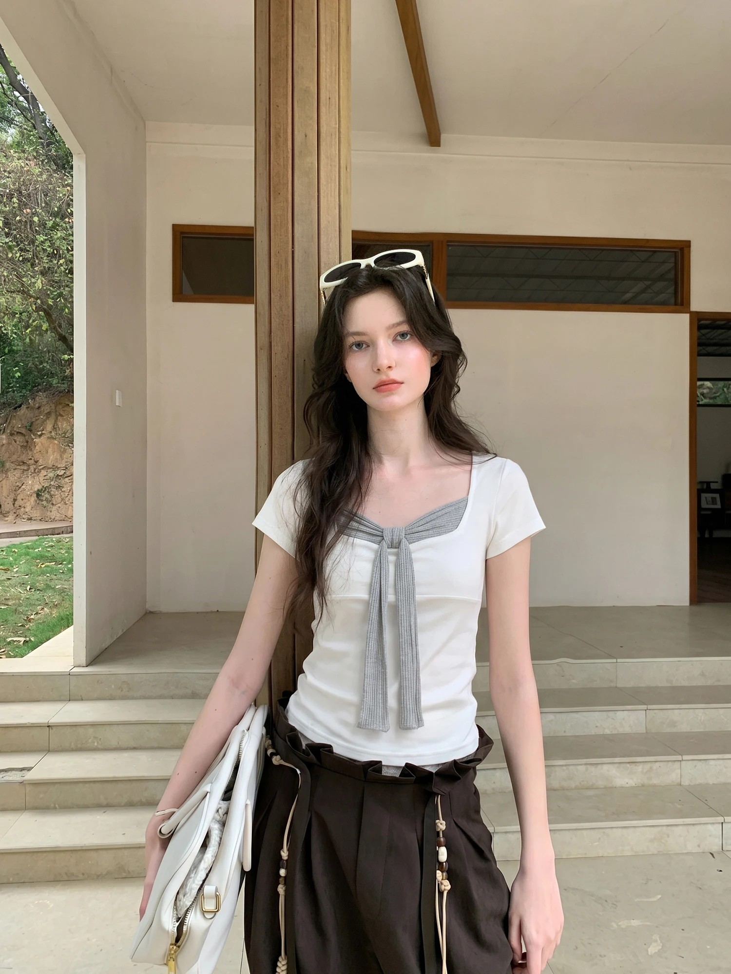 

CRUCREAMSU Korean Style Short Sleeve T-Shirt Women's Slimming Commute Short Top Summer Sweet Style Universal Fit