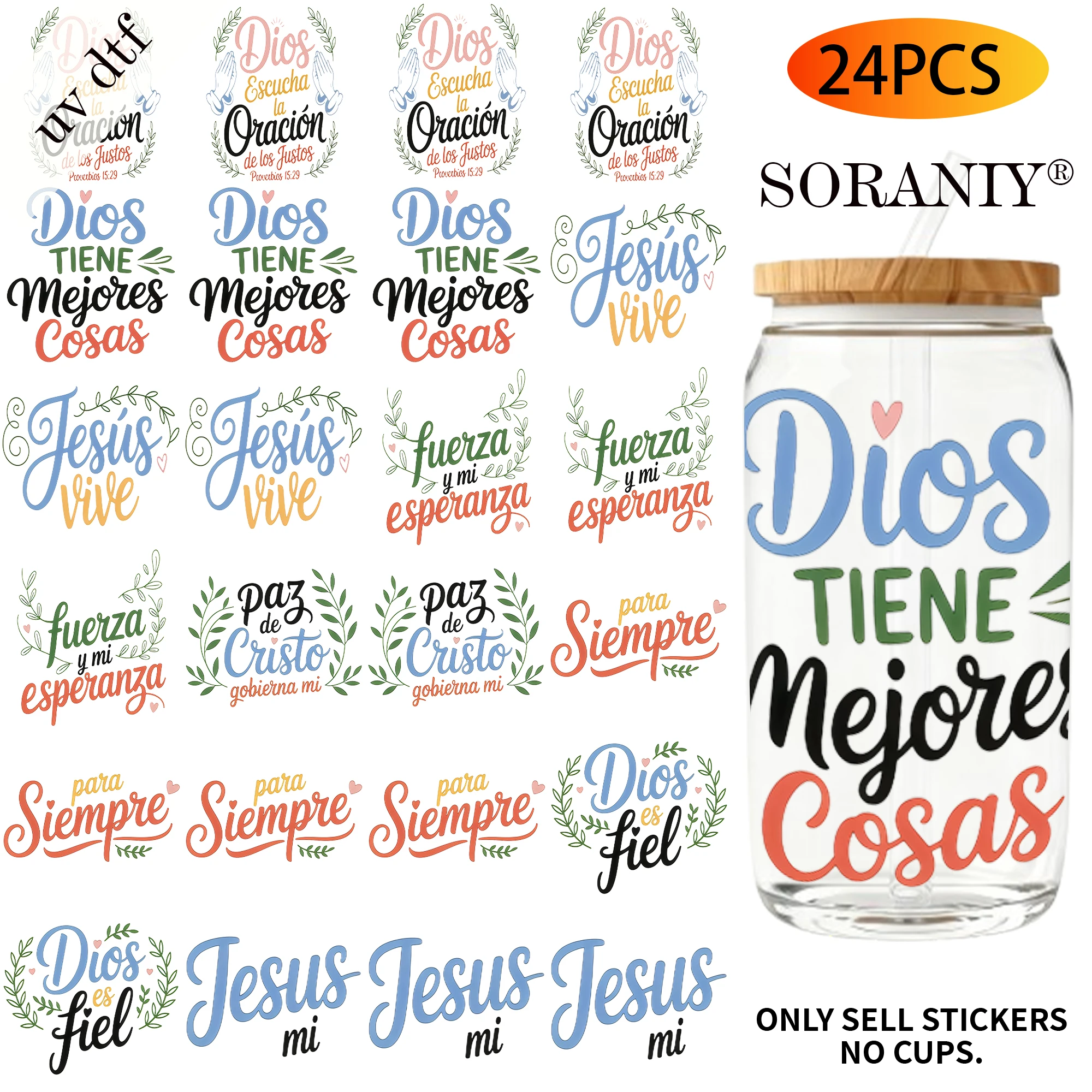 UV DTF Cup Stickers - 24Pcs/Set Spanish Christian Text Waterproof 16Oz Glass Jar DIY Transfer Decal, High Viscosity Easy Use For