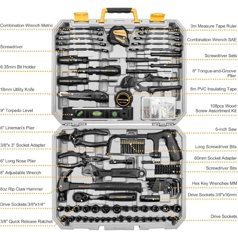 DEKOPRO 218-Piece General Household Hand Tool kit, Professional Auto Repair Tool Set for Homeowner, General Household Hand Tool