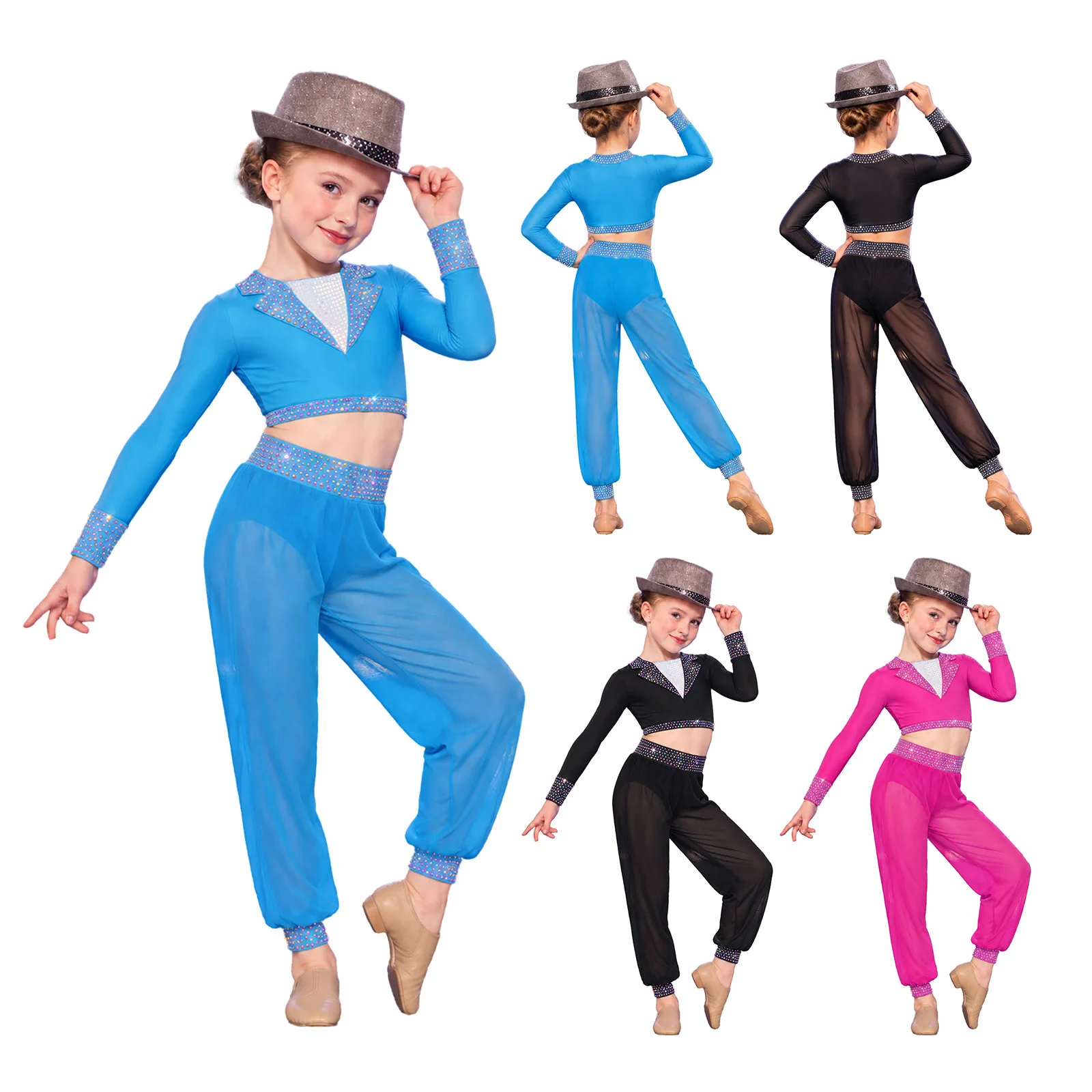 Kids Girls Jazz Tango Ballroom Dance Costume Long Sleeve Shiny Rhinestone Sequin Crop Top with Mesh Pants for Stage Performance