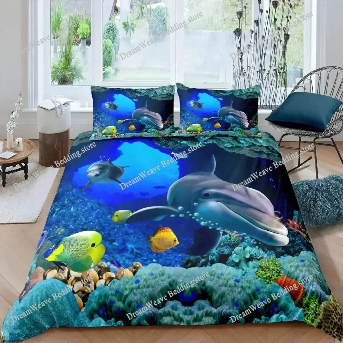 3D Dolphin in Blue Sea Queen King Size Bedding Sets Animal Single Quilt Duvet Cover Set Boys Adult Bed Polyester BedclothesFQH