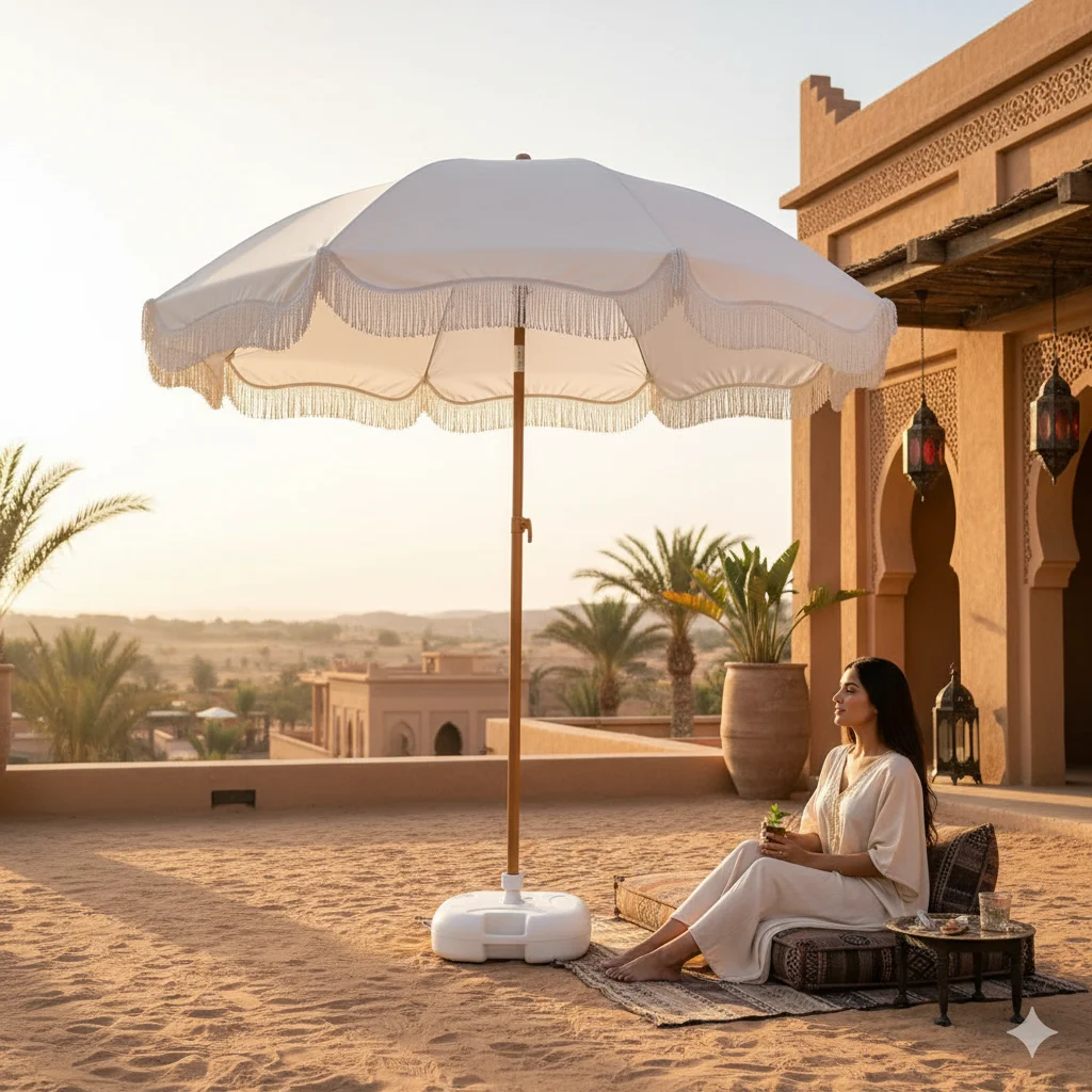 Portable White Umbrella with Tassel Design Reversible Outdoor Sunshade for Courtyard Beach Vacation without Base