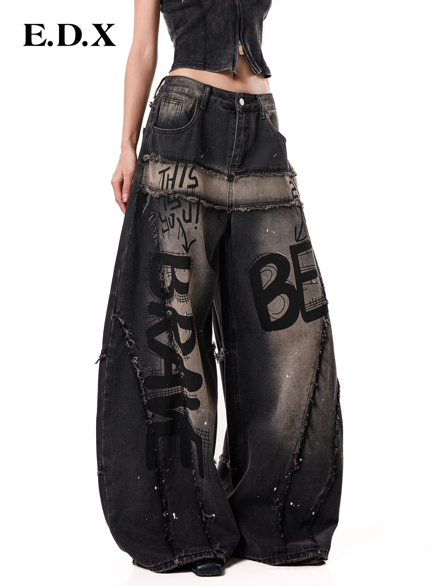 EDX Thickened Fleece Wide Leg Denim Jeans Women's Autumn New Style Distressed Heavy Embroidery Letter Print Cool And Sexy