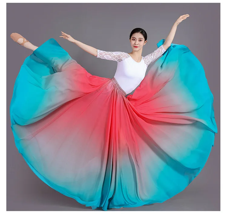 Women's 360-720 Degrees Big-hem Dance Skirts Gradient Color Chiffon Maxi Skirts Elastic-waist Elegant Square Dance A-line Skirts