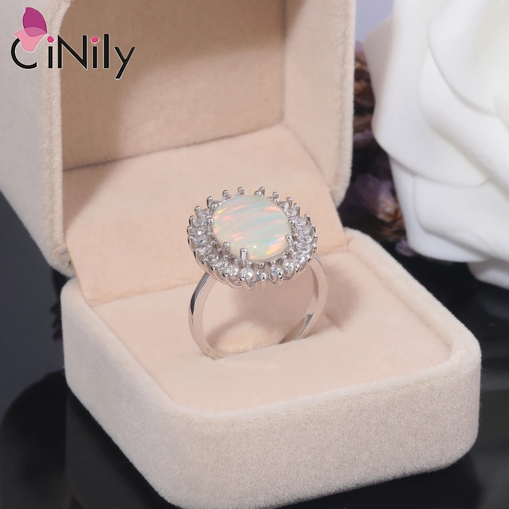 CiNily Created White Fire Opal Rings with White Zircon Silver Plated Oval Gemstone Rings for Women Girls Fashion Jewelry Size 8