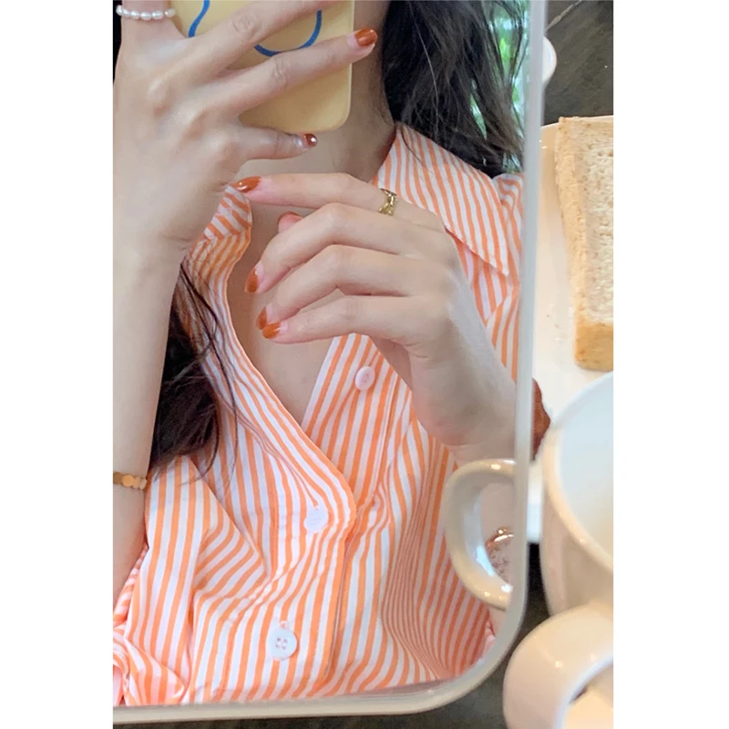 Ele Orange rayé irt Long Sve femmes printemps automne haut de gamme sentiment fée Design coréen Sle col boutonné