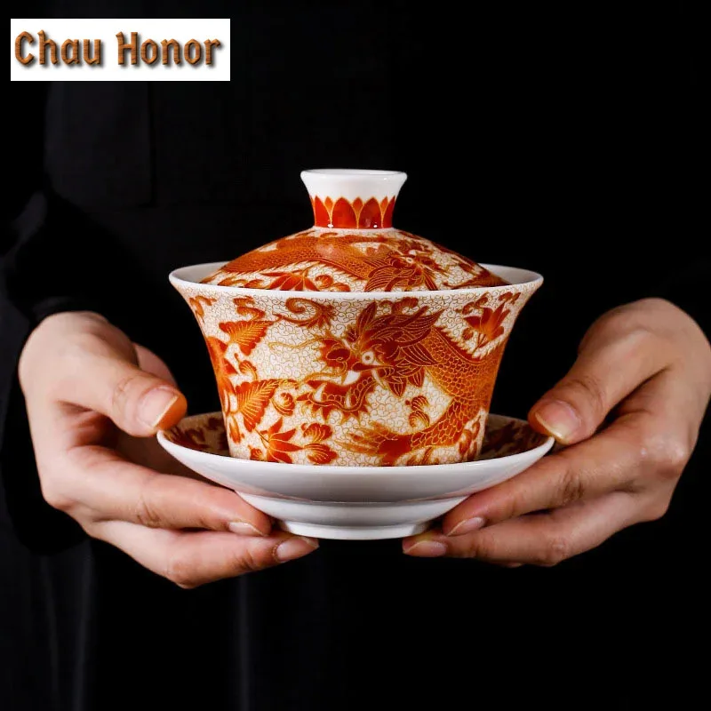 250ml Enamel Color Sancai Gaiwan Master Cups Retro Chinese Tea Set Teacup Lid And Saucer Set Teaware Chrysanthemum Tea Teaware