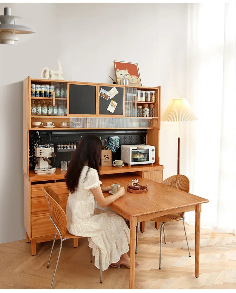 Nordic solid wood dining side cabinet, household dining room large-capacity tea  integrated dining table combination wall locker