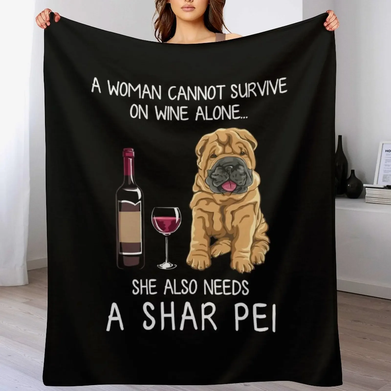 Shar Pei and wine Funny dog Throw Blanket Wrinkle Resistant Lightweight Blanket
