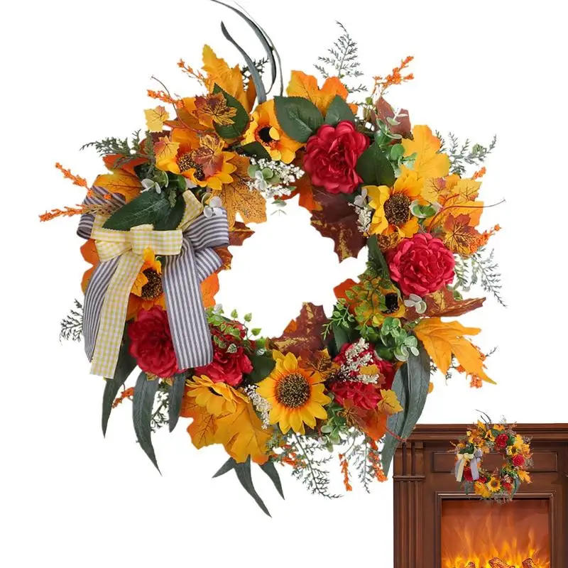 

Door Autumn Wreaths Sunflower Bow Garland For Autumn Decor Thanksgiving Decoration Door Wreath For Front Door Walls Fireplaces