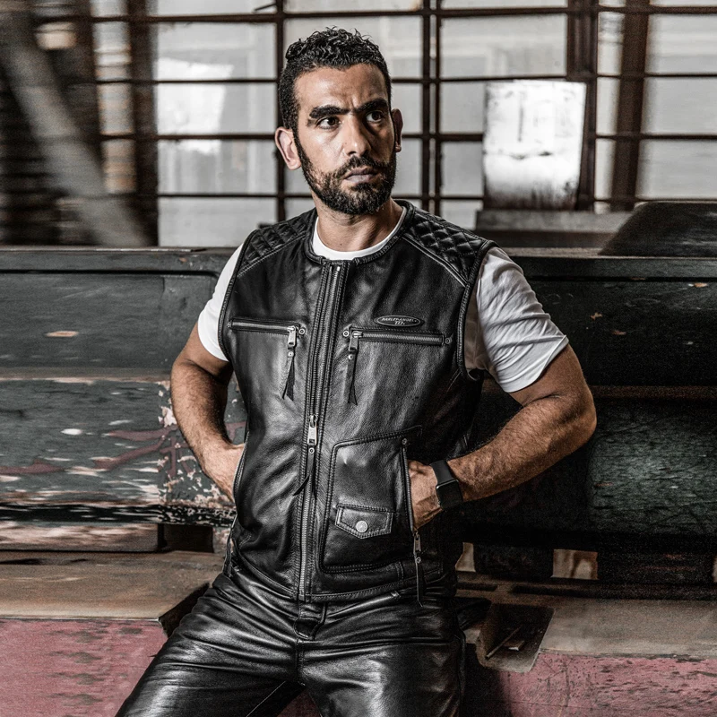 HARLEY ANGEL Genuine Leather Waistcoat Motorcycle Windproof Protection Men Outdoor Leisure Coat Vest Black Sleeveless Jacket