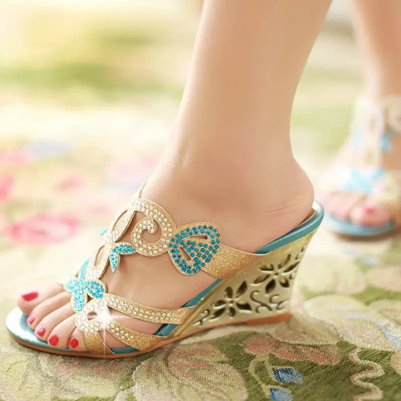 Girseaby Peep Toe Slip On Mule Wedge Ladies Sandals 8cm Bling Crystal Color Mix Daily Footwear Extra Large Size 42 43