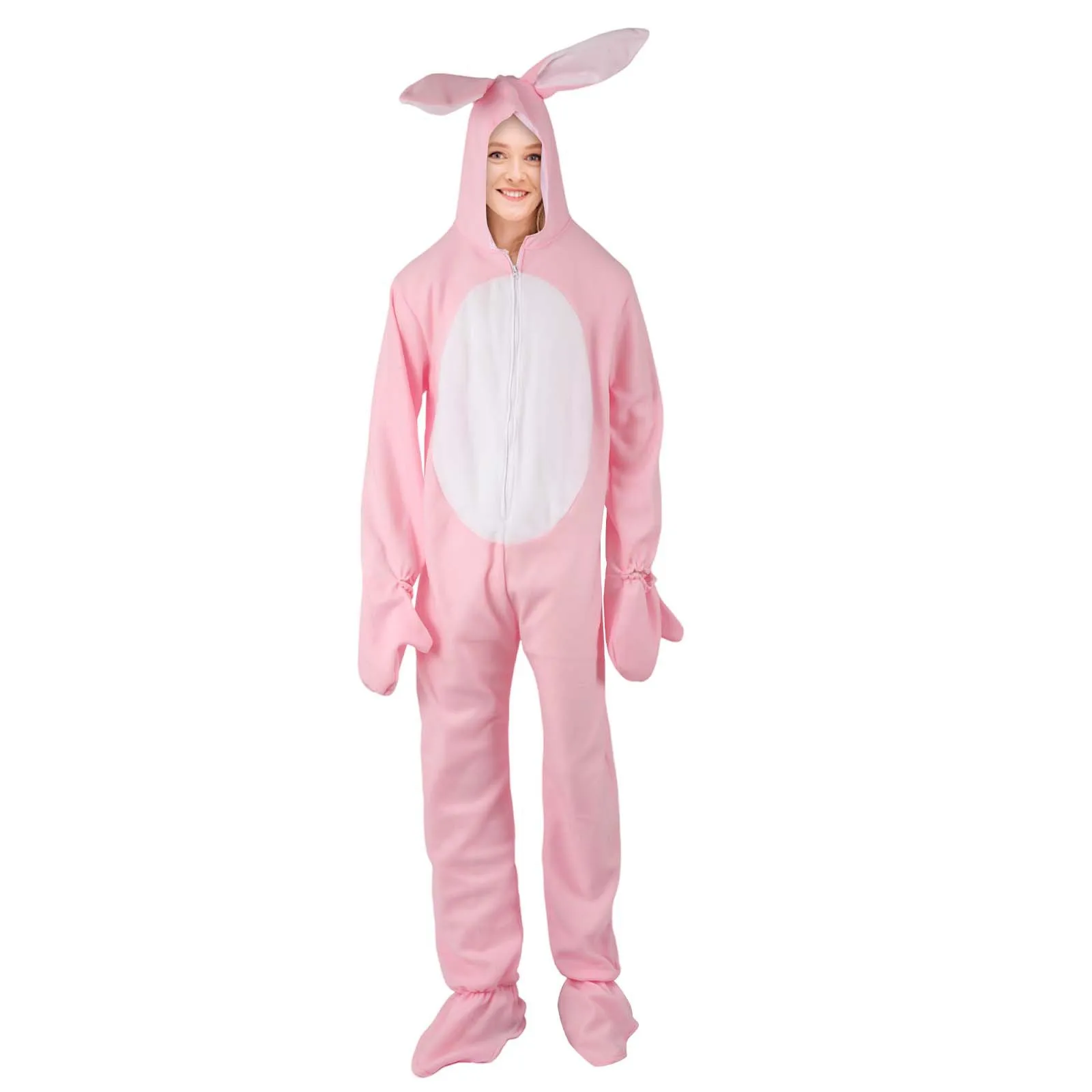 

Adults Cosplay Animal Pink Rabbit Easter Halloween Stage Props Costumes Pink Rabbit Jumpsuits With Hooded Costume for Unisex
