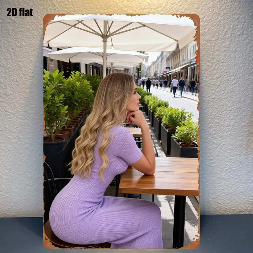 Elegant Woman Outdoor Cafe Art Metal Sign 8x12in for Room Garage Bar Garden Gift