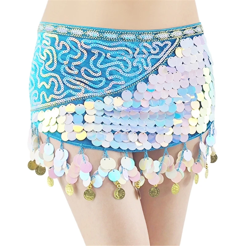 F42F Belly Dance Hip Skirt Sequins Coins Tassels Fringed Hip Scarf Waist Chain Tie Up Short Skirt Festival Outfit for Women