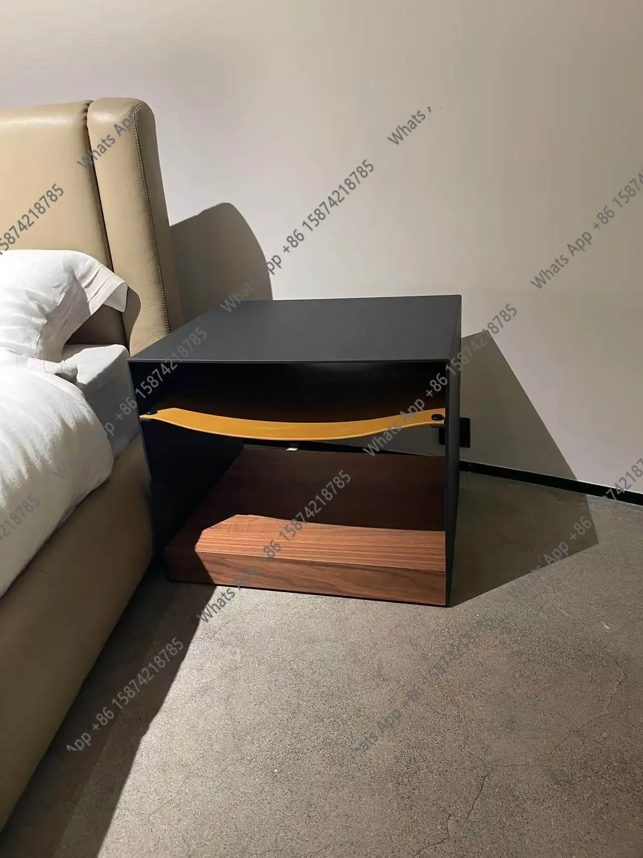 Yt Italian Minimalist Iron Plate Saddle Leather High-end Bedside Table Bedroom Locker Designer Haute Couture Bedside Table