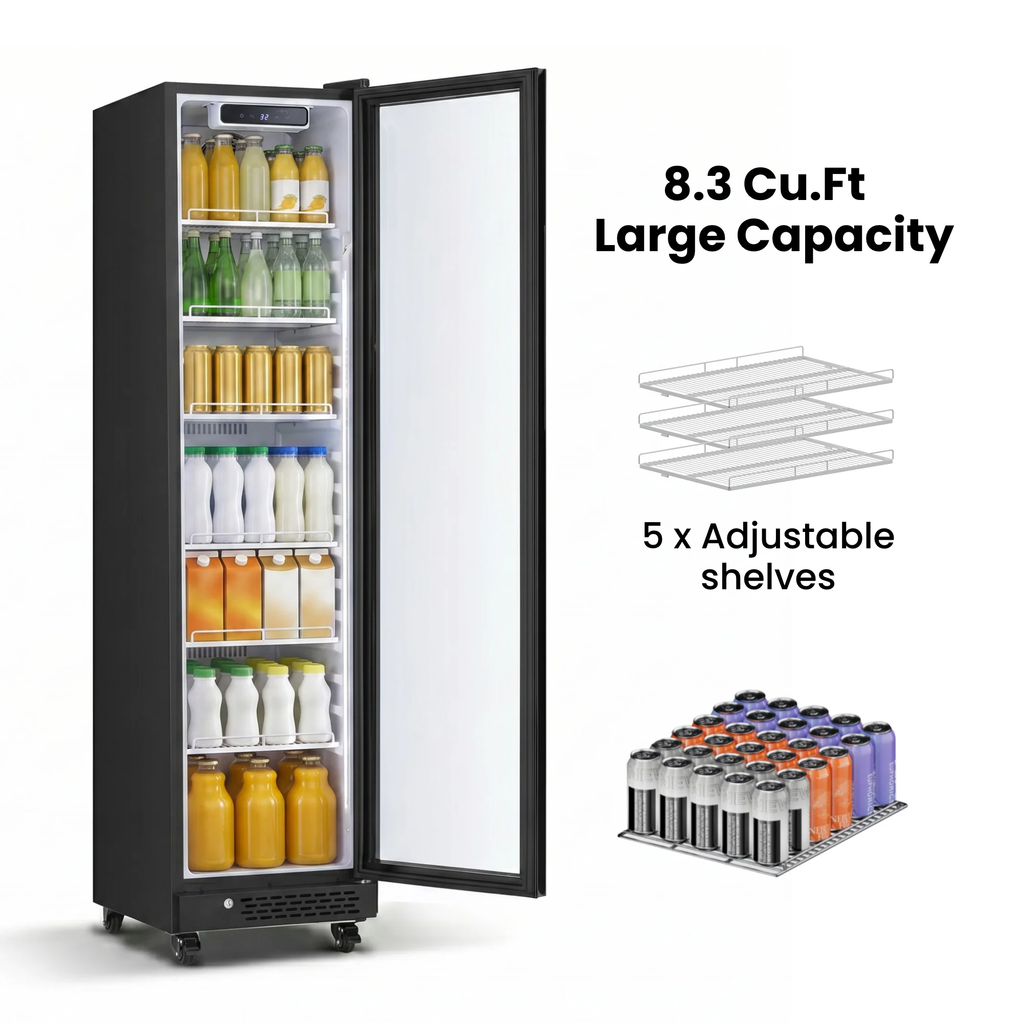 235L Upright Beverage Display Cooler Compressor Cooling Electronic Thermostat Commercial Drink Refrigerator For Convenience Store Cafe