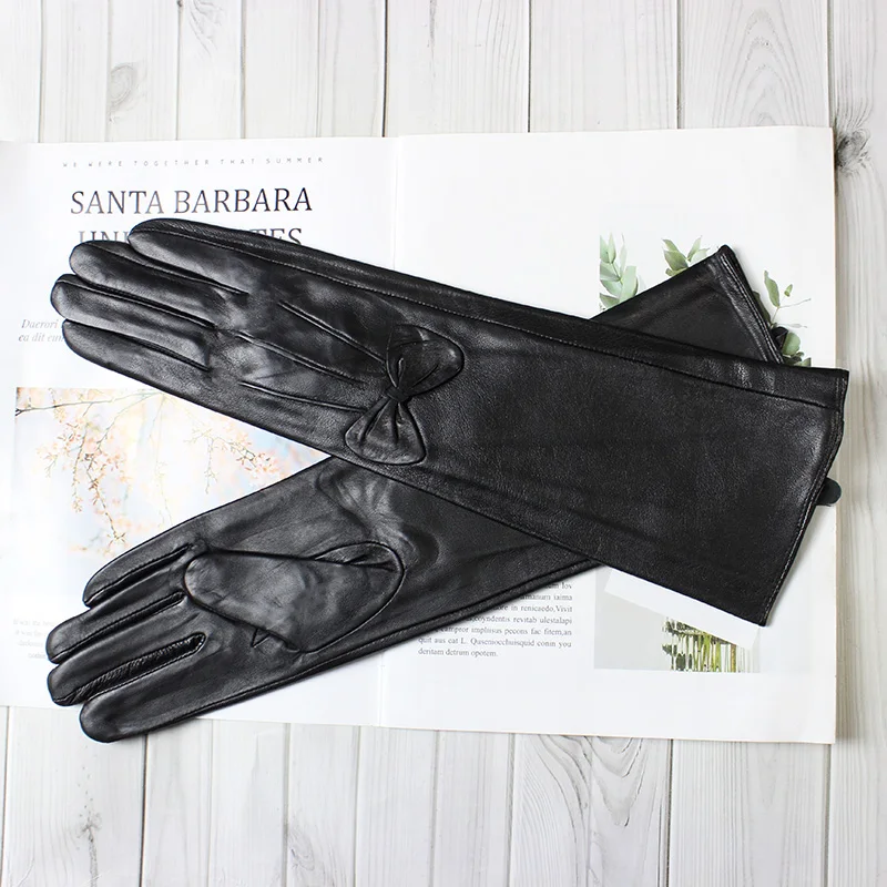 37cm Long Sheepskin Gloves Women\'s Color Leather Fashion Simple Style Velvet Lining Autumn and Winter Warm Finger Gloves