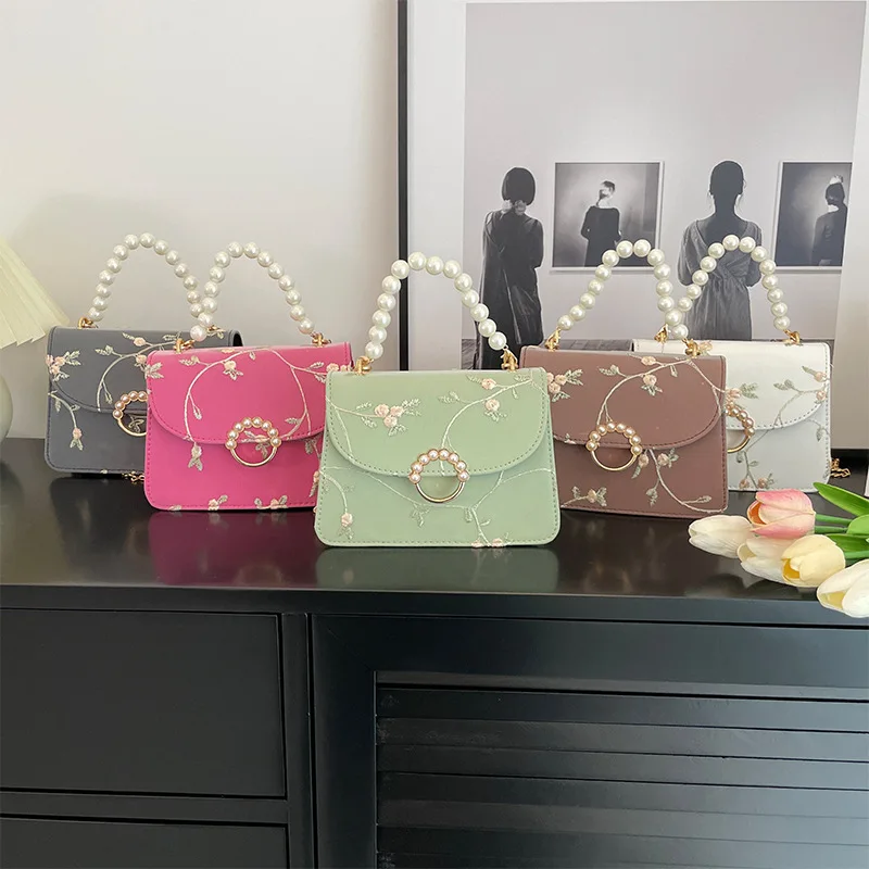 Women PU Net Yarn Flower Embroidery Shoulder Bags Messenger Bags Vintage Pearl Chain Handbags Female Fashion Flap Crossbody Bags