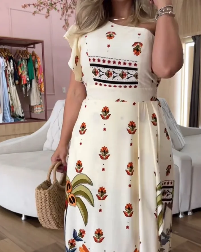 Women's tribal printed one shoulder flowing sleeve Midi dress, fashionable and casual slim fit, asymmetrical hem vacation dress