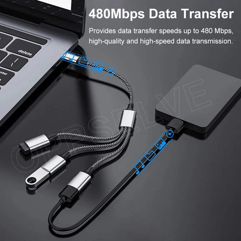 3 in 1 USB Type C Male To 2 USB-C USB2.0 Female Docking Station Convertor For Mouse Keyboard PD 60W Charging Cable For U Disk