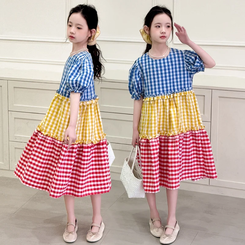 

Korean Kids Cotton Plaid Patchwork Dress for Tweens Girl High Fashion Summer Clothes Outfit Child Long Style A-line Dresses