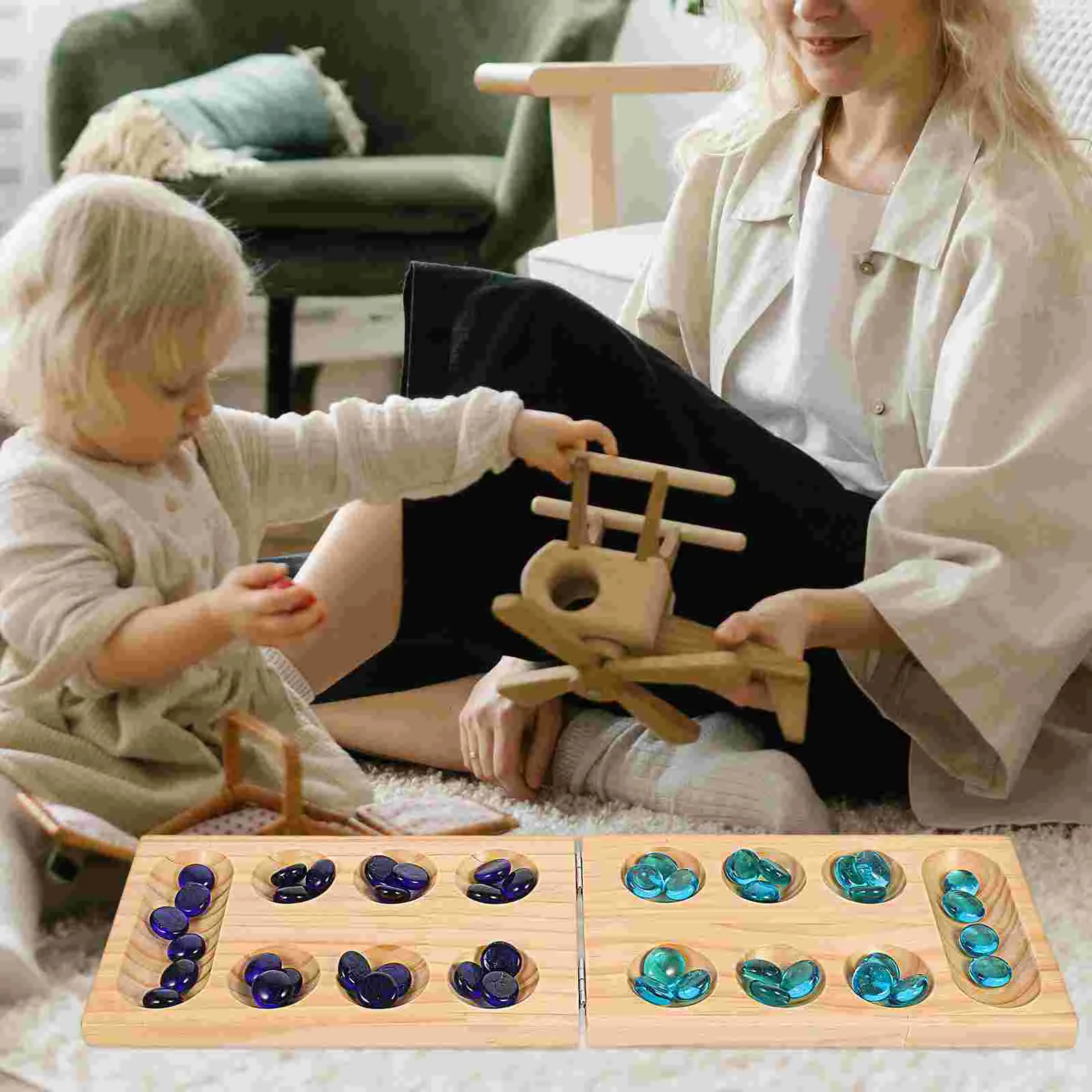 Mancala-Jeu explorez ecs en bois pour enfants, jouet portable avec pierres précieuses, planche pliante pour enfants