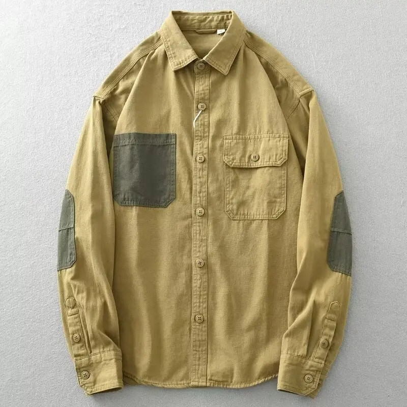 Pure Cotton Long Sleeve Shirt American Workwear Retro Patchwork Large Size Autumn Winter Military Green Casual Top for Men