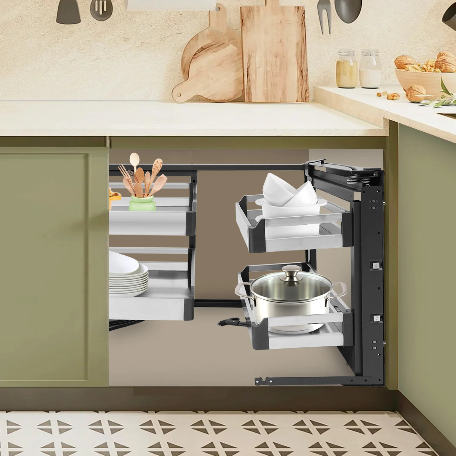 15 Inch Blind Corner Cabinet, 115° Large Opening Angle Pull-Out Corner Organizer, Swivel Corner Cabinet for Kitchen