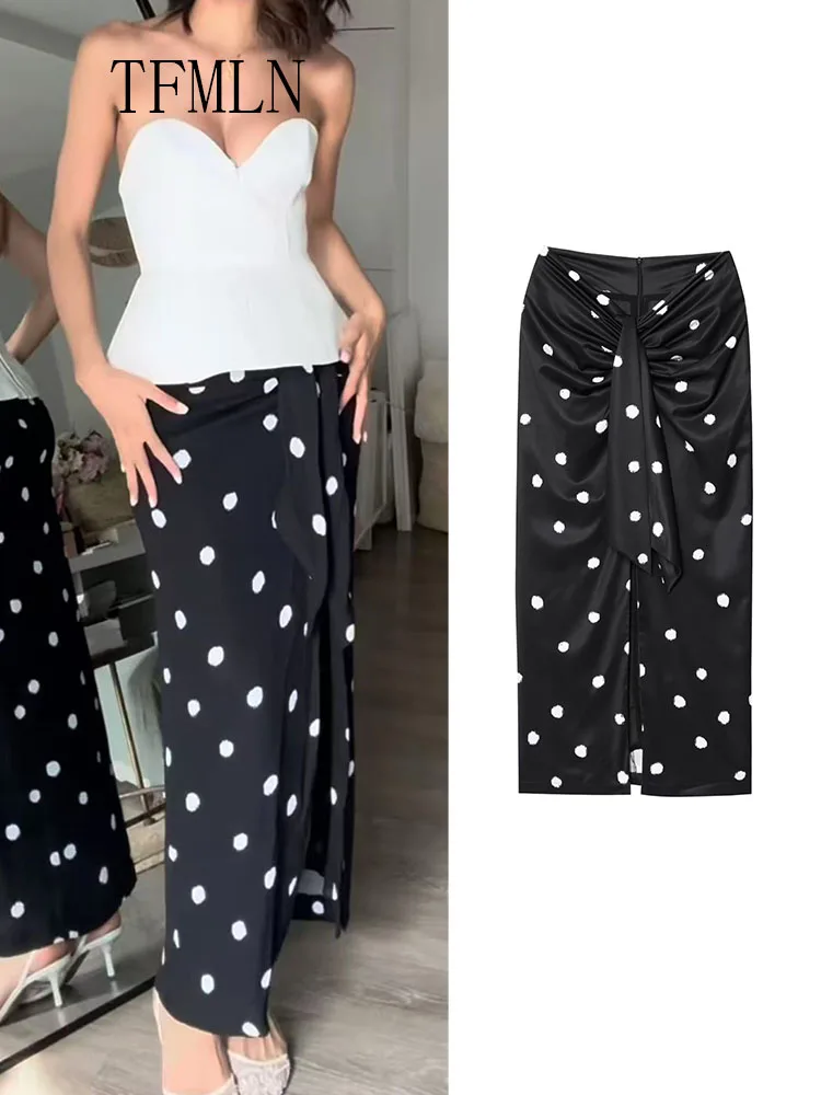 

TFMLN 2025 Summer Dot Printed Midi Skirts For Women Elegant Causal Back Zipper Skirts Fashion Chic High Street Folds Skirt