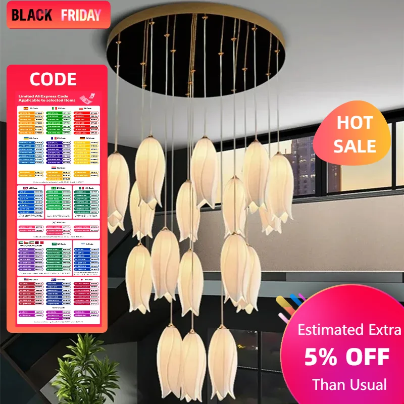 Nordic Creative Tulip Staircase Chandelier Multi Heads Pendant Lights for Villa Bedroom Bedside Restaurant Hotel Duplex Building