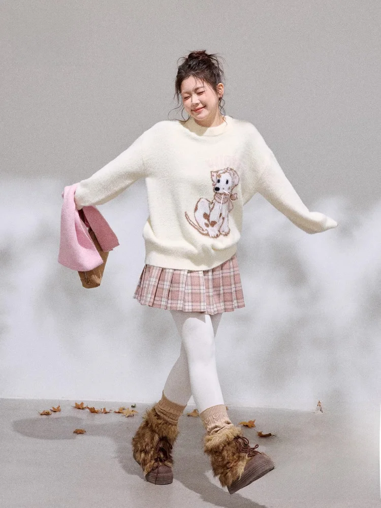 

plus Size Winter Outfit White Sweater And Pink Plaid Skirt Set for Women Korean Sle Commute Casual High Waist A-Line Skirt