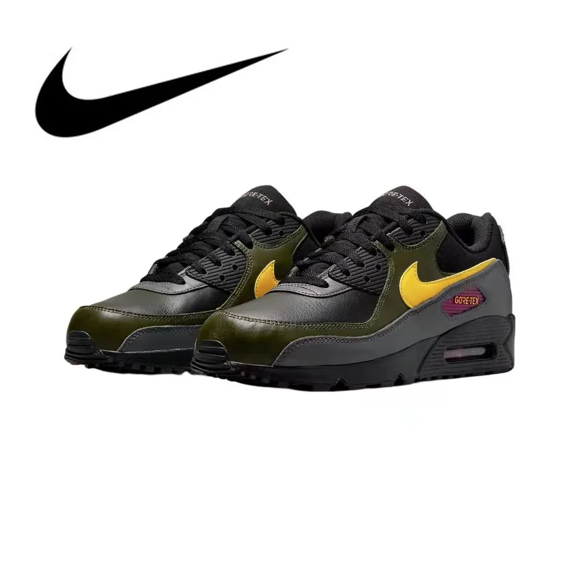 Original Nike Air Max 90 Vintage Men\'s Running Shoes Wear Resistant Shock Absorption Breathable Black Yellow Sneakers DJ9779-001