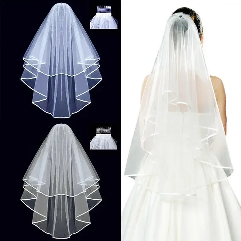 

Women Wedding Dress Veil Two Layers Tulle Ribbon Edge Bridal Veils Accessories