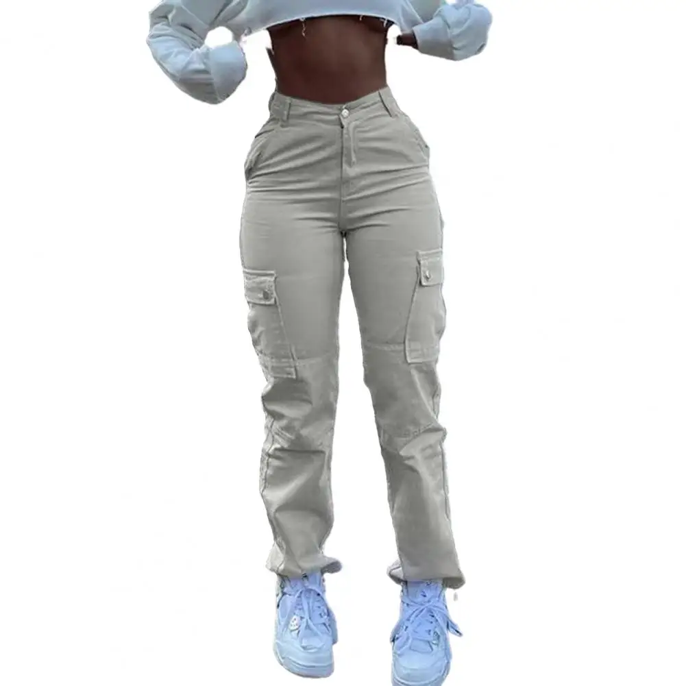 

Zipper Button Placket Pants Multi-pocket Hip-hop Style Pants Stylish Women's High Waist Cargo Pants with Multiple for Ladies