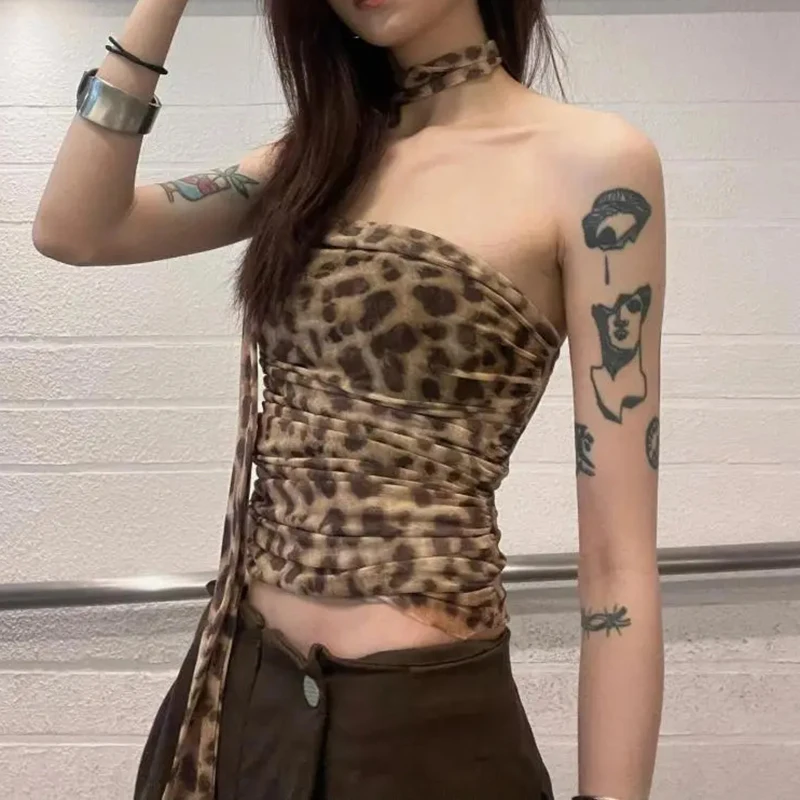 Leopardo impressão colheita topo feminino malha sem mangas sexy tubo verão vintage halter tanque superior sem costas sexy festa topos para senhoras