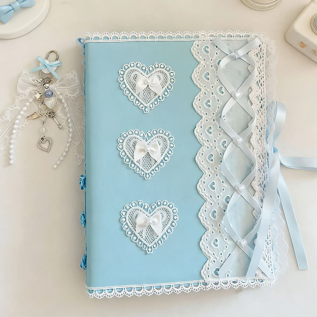 Aesthetic A5 Binder Lace Kawaii Photocard Holder for Kpop Anime Cards PU Cover with Charm Pendant Refillable Planner Journal