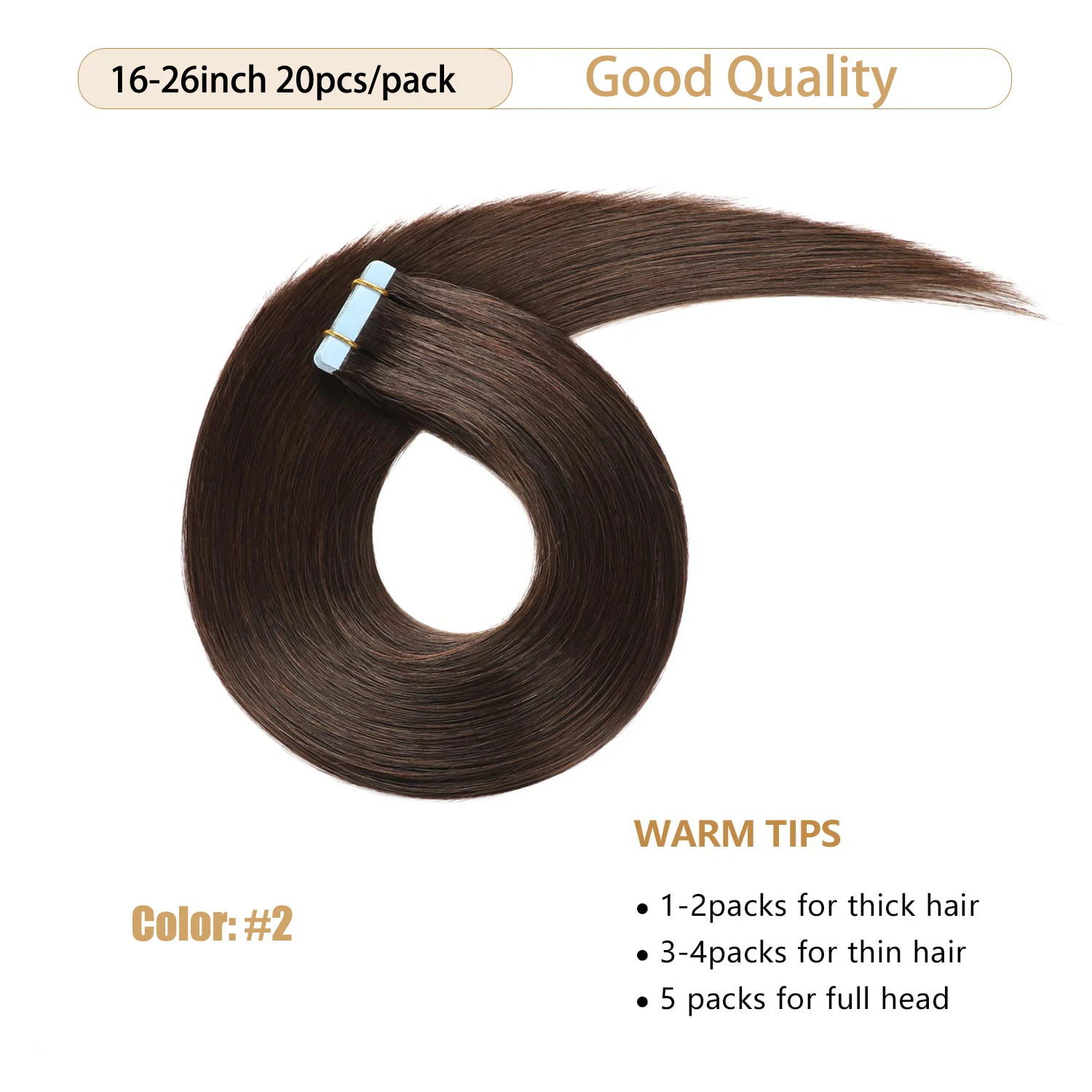 Tape-in-Extensions de cheveux humains pour femmes, cheveux raides brésiliens, 100% cheveux humains, brun foncé #2, 20 pièces