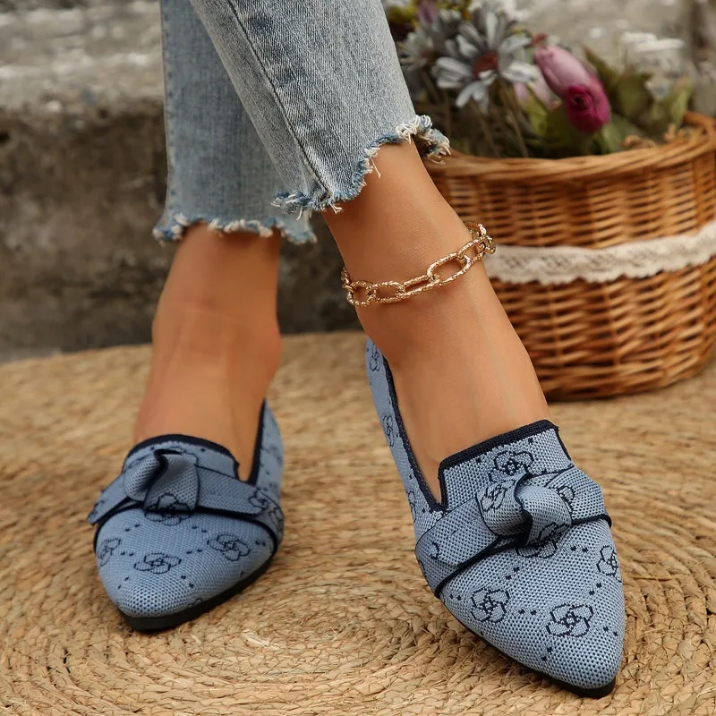 

Women's flat shoes 2025 summer new knitted breathable printed shoes casual soft and comfortable pointed loafers large size 43