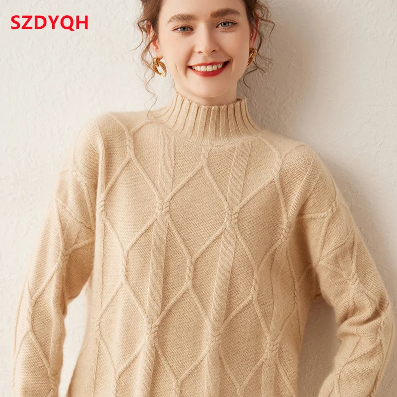 2023 Hot Sale Autumn Winter New 100% Pure Cashmere Sweater Turtleneck Women\'s Thicken Warm Female Loose Large Size Knit Jumper