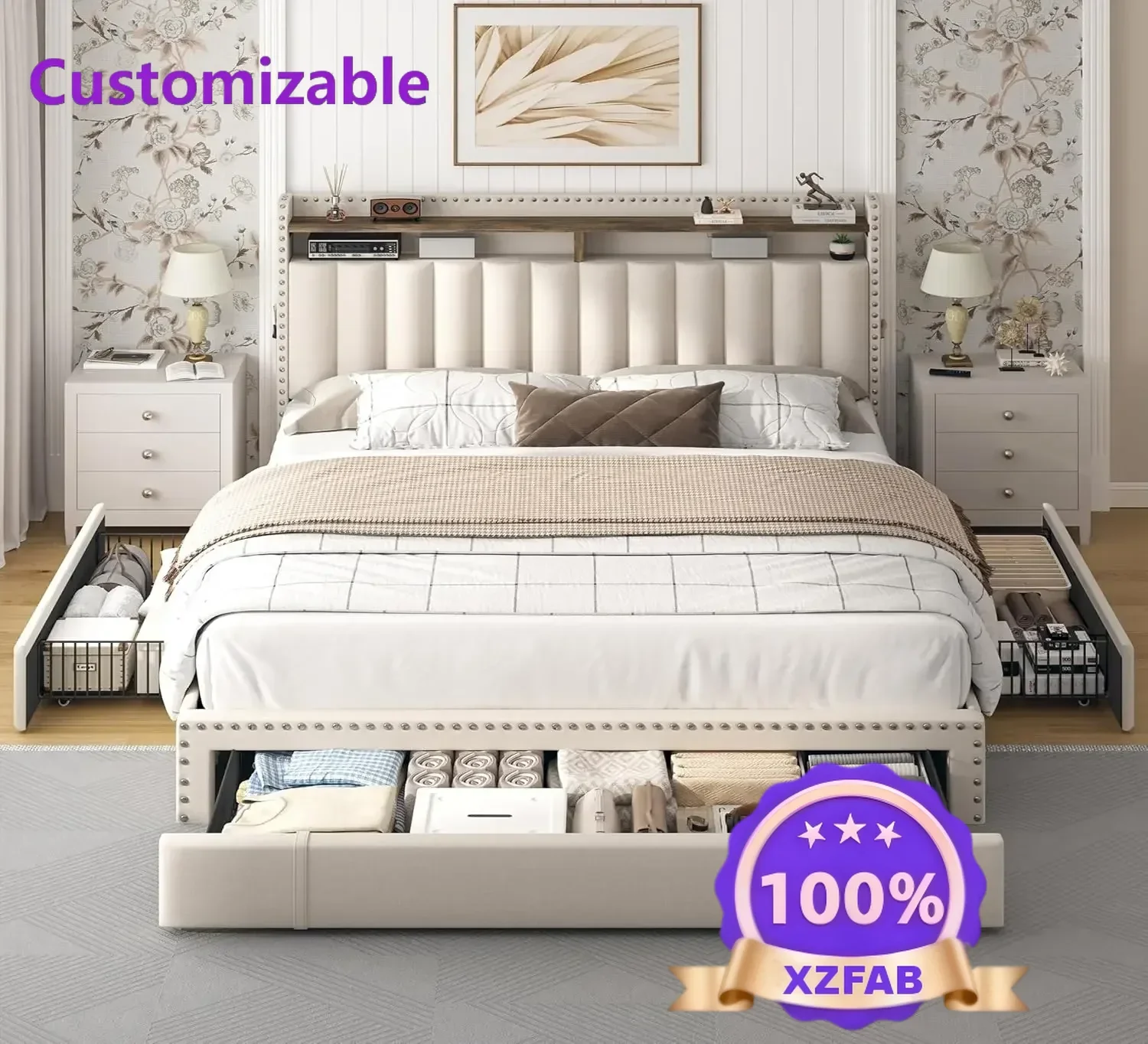 Factory Direct 2026 Simple  1100LBS Queen Bed Frame, 2-Tier Shelves,with Storage  and Upholstered Headboard