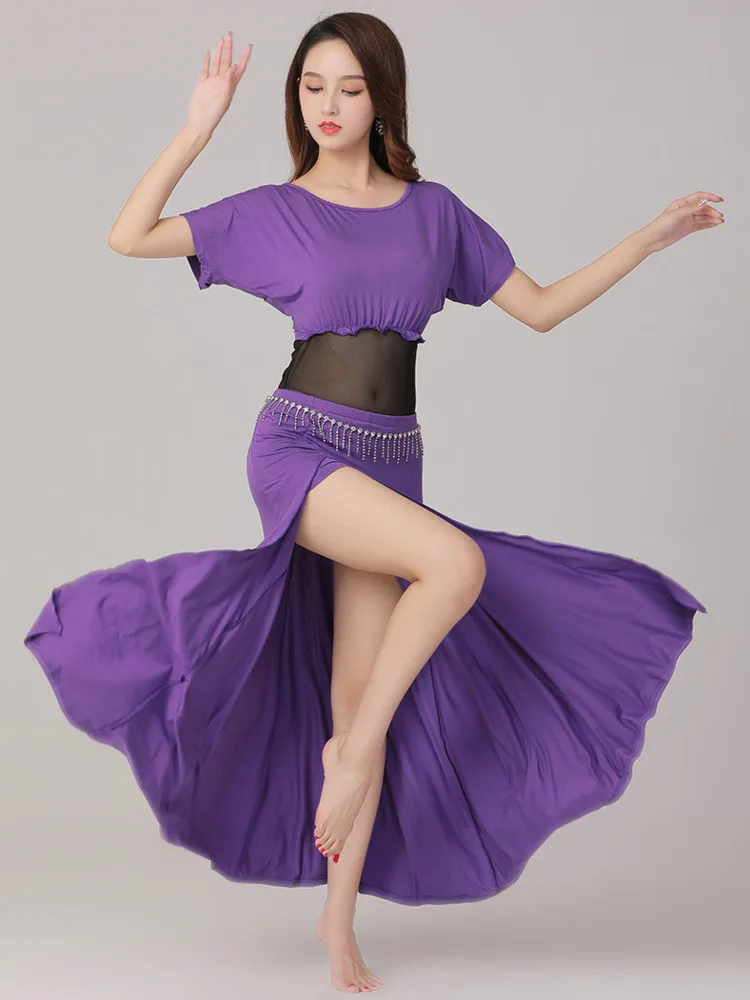 Short Sleeves Street Dance Belly Latin Clothes Mesh Patchwork Top Flamenco Arab Woman Jazz Split Skirt Costume Classical Suit