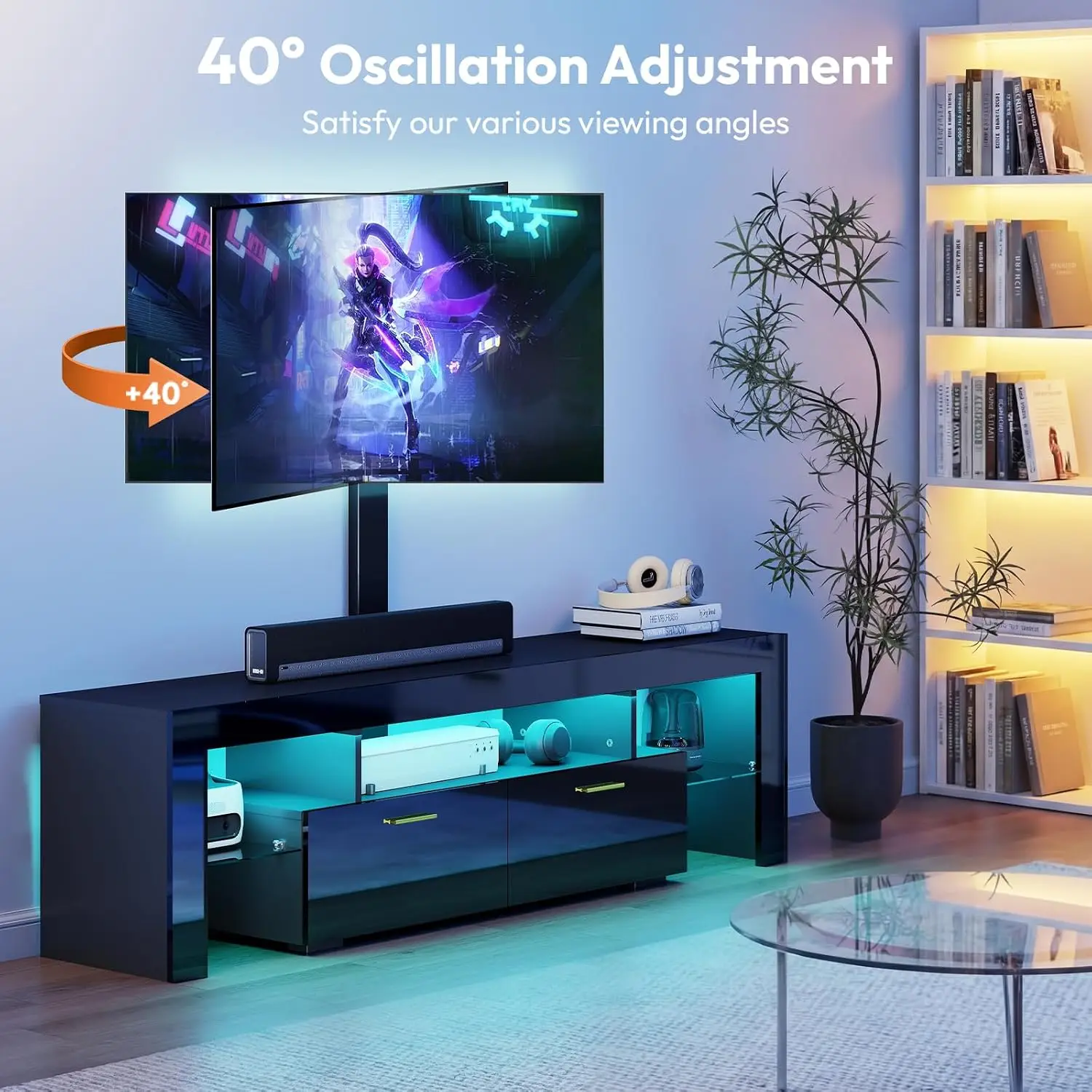 75 Inch TV Stand with Swivel Mount, RGB LED Entertainment Center | Modern High-Gloss for 35-75