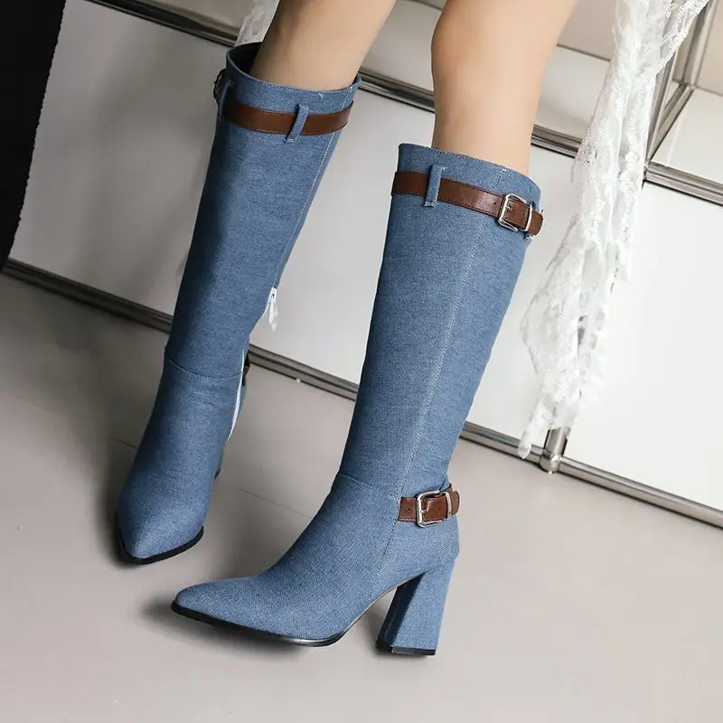 

ASILETO Women Knee High Boots Pointed Toe Block Heels 8.5cm 49 50 Leisure Fahion Long Bota